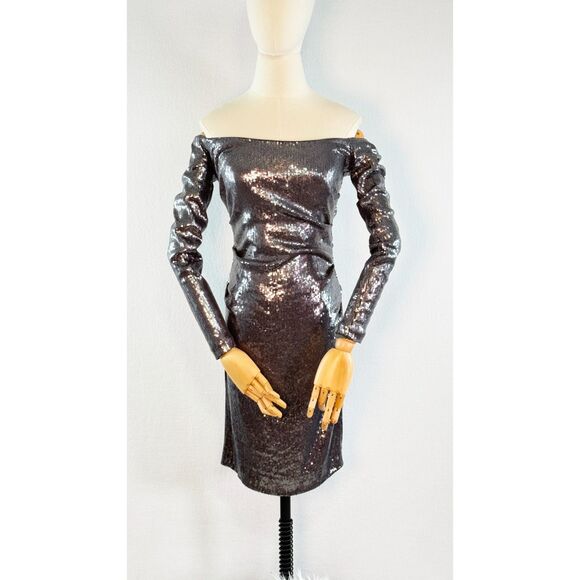 Nicole Miller | Silver Sequin Long Sleeve Off Shoulder Body Dress Ruched | Sz 6 - Picture 2 of 9